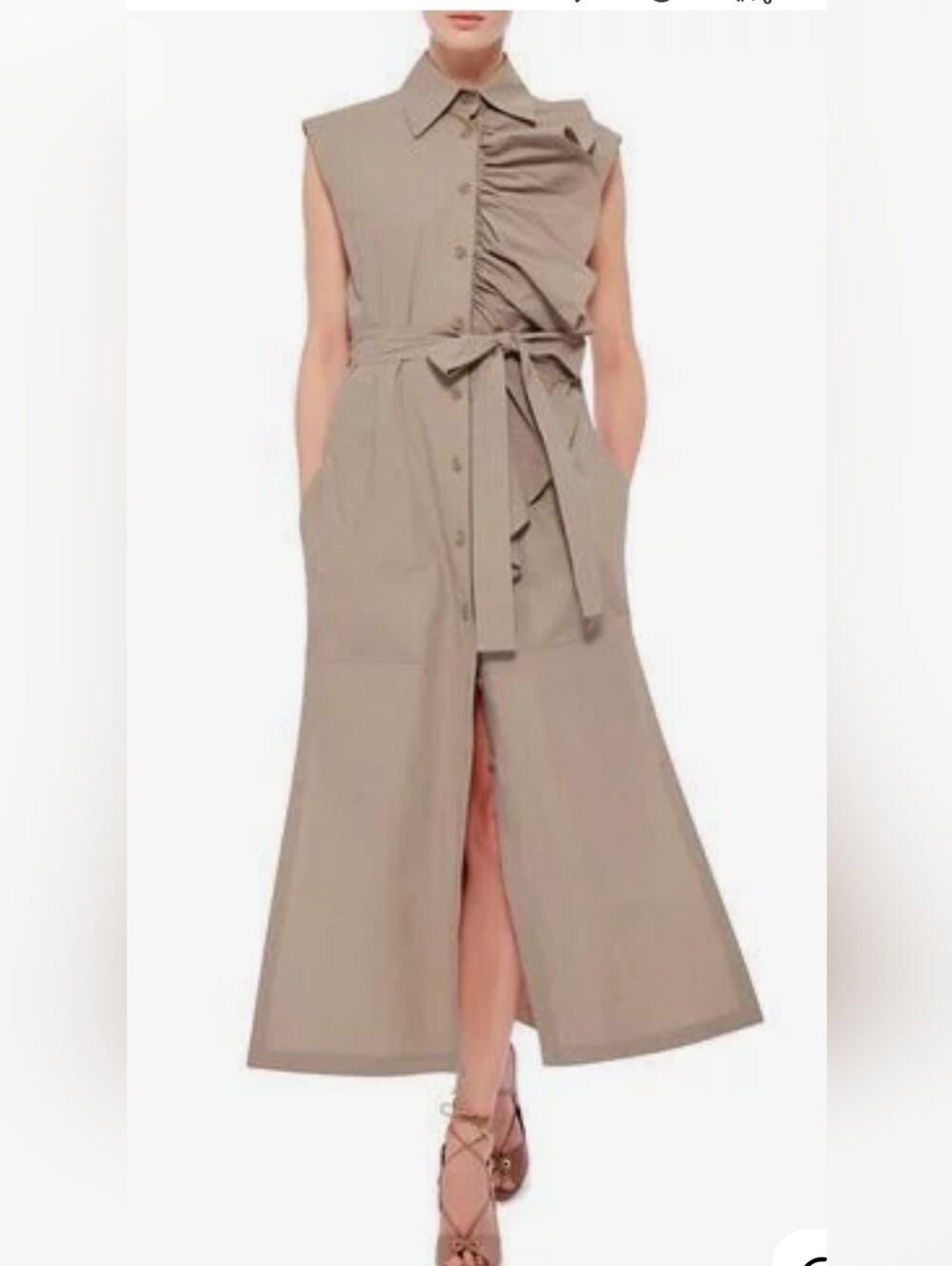 TOME NYC Khaki Ruffle Sleeveless Midi Shirt Dress Duster Coat Size S Minimalist